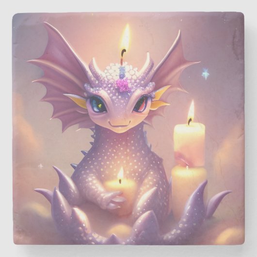 Fantasy Dragon met Verjaardagskaarsen Stenen Onderzetter (Voorkant)