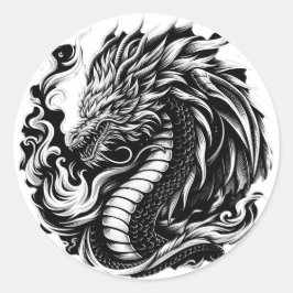 Fantasy Dragon Zwart/Wit Ronde Sticker
