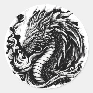 Fantasy Dragon Zwart/Wit Ronde Sticker
