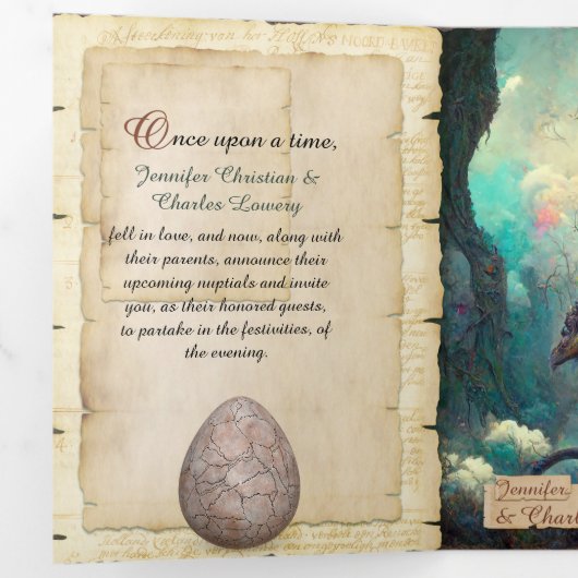 Fantasy Dragons en Castle Fairytale Wedding Drieluik Uitnodiging (Binnenzijde eerst)