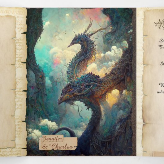 Fantasy Dragons en Castle Fairytale Wedding Drieluik Uitnodiging (Binnenkant midden)
