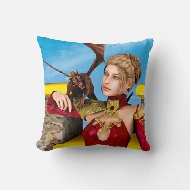Fantasy Draken Prinses Digitale Kunst Kussen (Voorkant)
