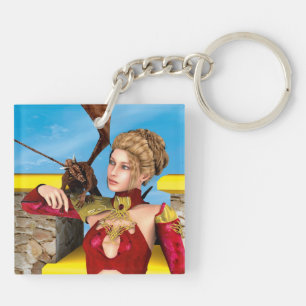 Fantasy Draken Prinses Digitale Kunst Sleutelhanger