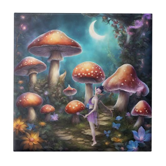 Fantasy Dream World Fairy en paddenstoelen Tegeltje (Voorkant)