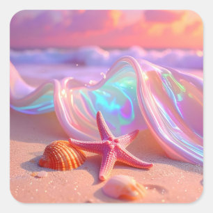 Fantasy Droomstrand Met Mooie Roze Zeester Vierkante Sticker