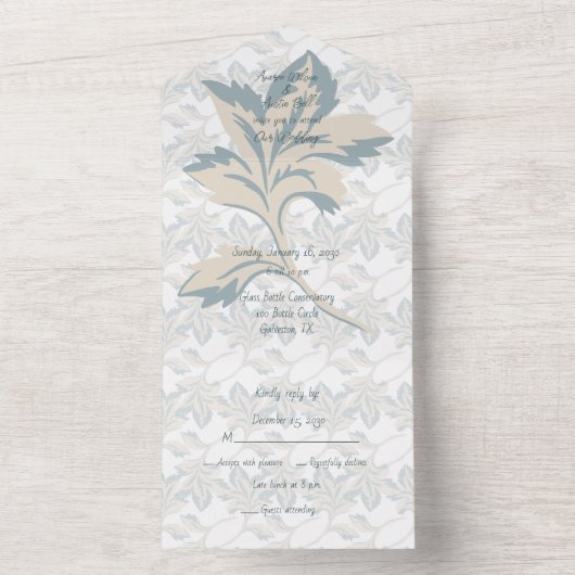 Fantasy Dusty Blue Floral Winter All In One Uitnodiging (Binnen)