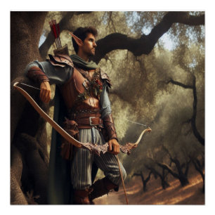 Fantasy Elf Archer Resting in Enchanted Oak Forest Perfect Poster