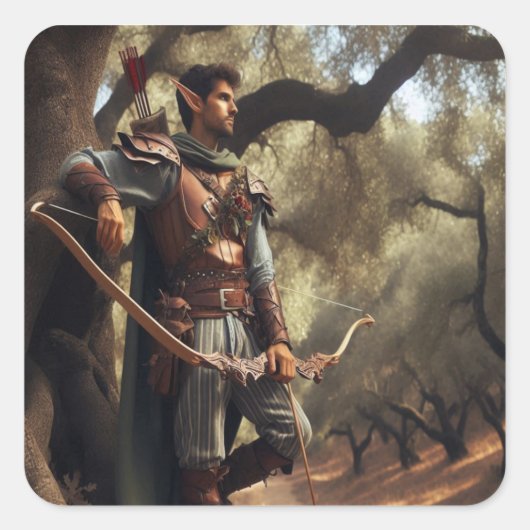 Fantasy Elf Archer Resting in Enchanted Oak Forest Vierkante Sticker (Voorkant)