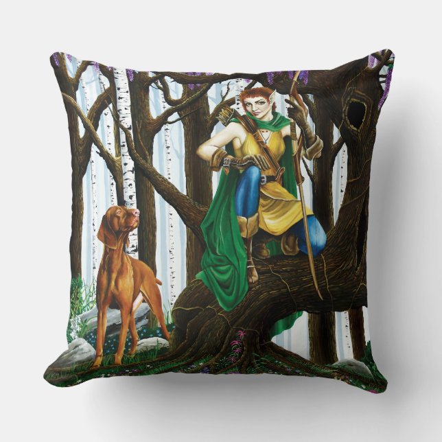 Fantasy Elf Boogschutter Vizsla Hond Betoverd Bos Kussen (Voorkant)