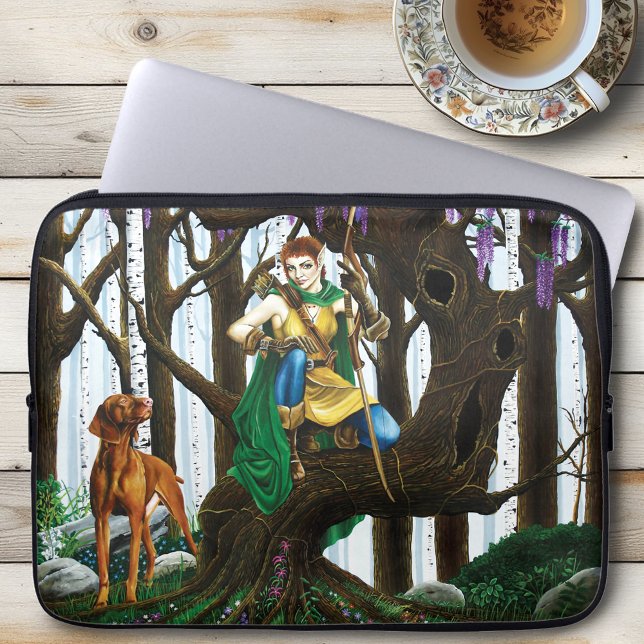 Fantasy Elf Boogschutter Vizsla Hond Betoverd Bos Laptop Sleeve (Creator heeft geüpload)