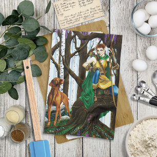 Fantasy Elf Boogschutter Vizsla Hond Betoverd Bos Theedoek