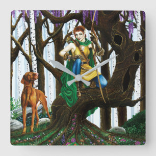 Fantasy Elf Boogschutter Vizsla Hond Betoverd Bos Vierkante Klok