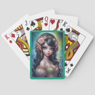 Fantasy elfen vrouw speelt kaarten