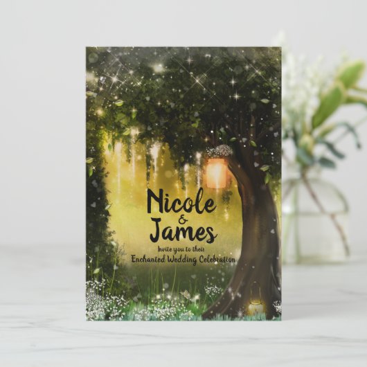 Fantasy Enchanted Green Sparkle Forest Wedding Kaart (Staand voorkant)