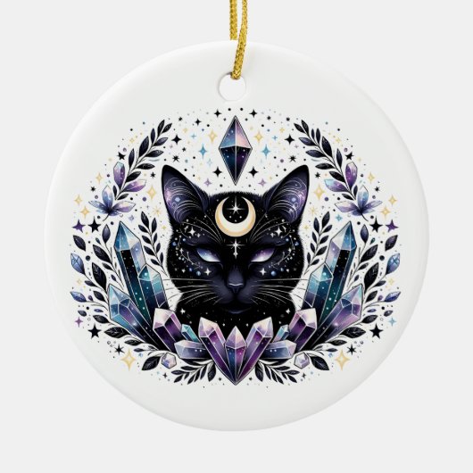 Fantasy Esoteric Crystal Black Cat Keramisch Ornament (Voorkant)