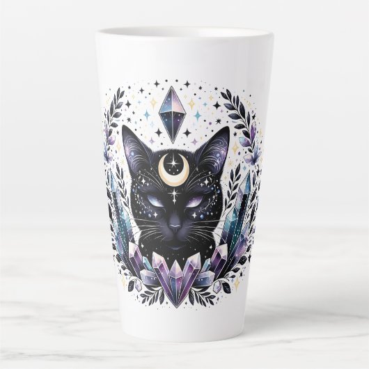 Fantasy Esoteric Crystal Black Cat Latte Mok (Voorkant)