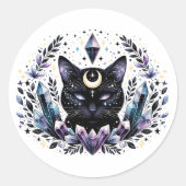 Fantasy Esoteric Crystal Black Cat Ronde Sticker (Voorkant)