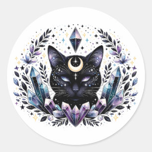 Fantasy Esoteric Crystal Black Cat Ronde Sticker