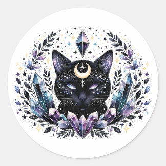 Fantasy Esoteric Crystal Black Cat Ronde Sticker