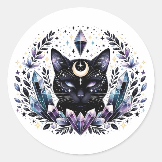 Fantasy Esoterische Kristal Zwarte Kat  Ronde Sticker (Voorkant)