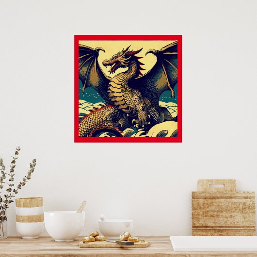 Fantasy Europese draak - houtsnede 1 Poster (Keuken)