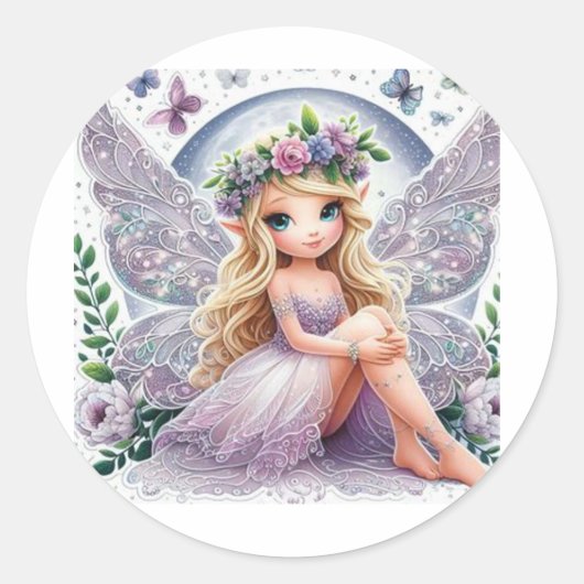 Fantasy Fairy: Een delicate fee met schitterende w Ronde Sticker (Voorkant)
