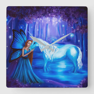 Fantasy Fairy en Unicorn-schilderwandklok Vierkante Klok