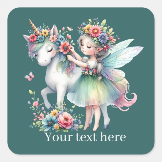 Fantasy Fairy unicorn tekst toevoegen Vierkante Sticker (Voorkant)