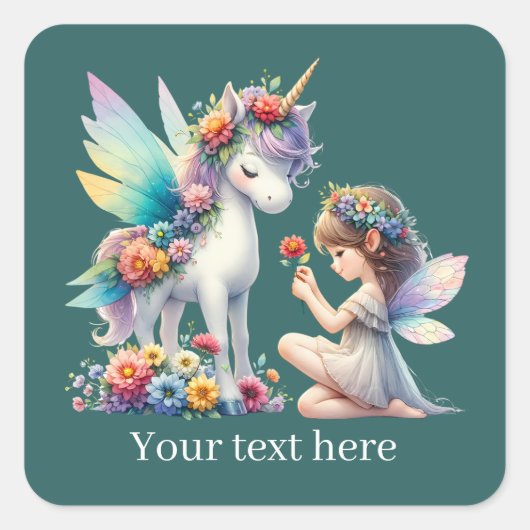 Fantasy Fairy unicorn tekst toevoegen Vierkante Sticker (Voorkant)