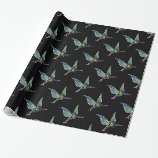 Fantasy Fee Patroon op Zwart Cadeaupapier (Uitgerold)