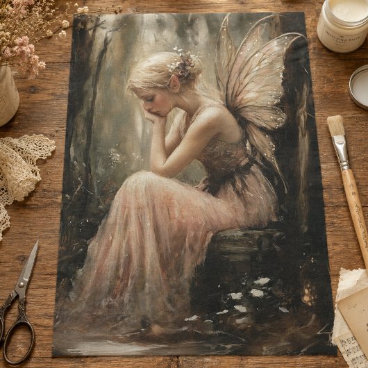 Fantasy Fee Sitting op een Houten Stam Decoupage Tissuepapier