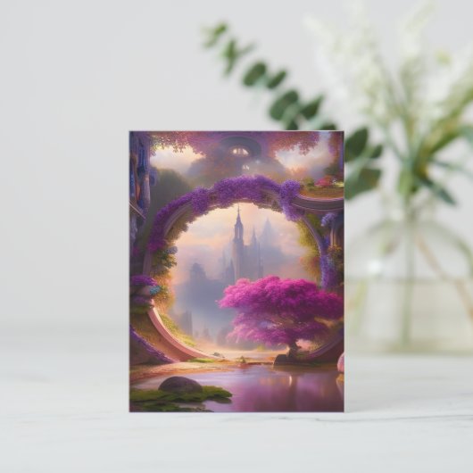 Fantasy floral courtyard roze boom briefkaart (Staand voorkant)