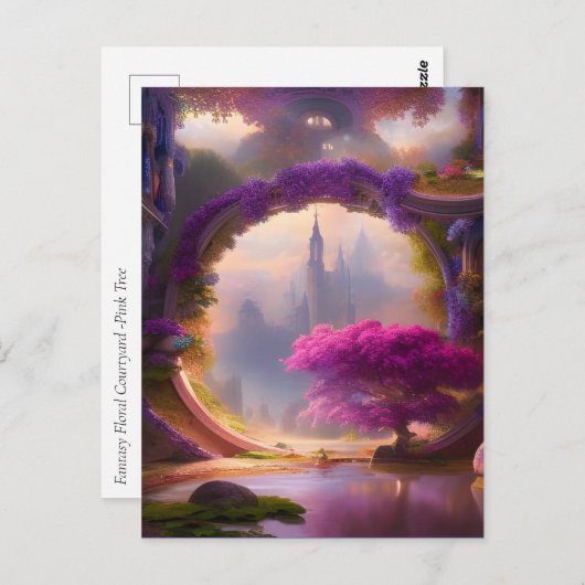 Fantasy floral courtyard roze boom briefkaart (Voorkant / Achterkant)