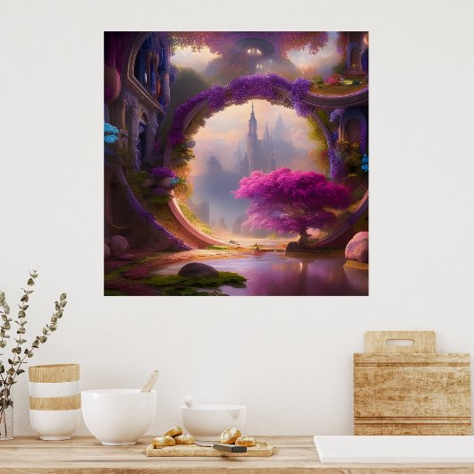 Fantasy floral courtyard roze boom poster (Keuken)