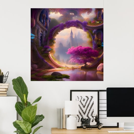 Fantasy floral courtyard roze boom poster (Thuiskantoor)