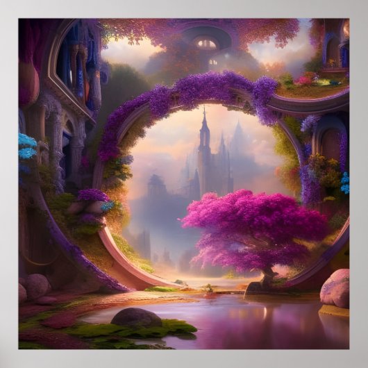 Fantasy floral courtyard roze boom poster (Voorkant)