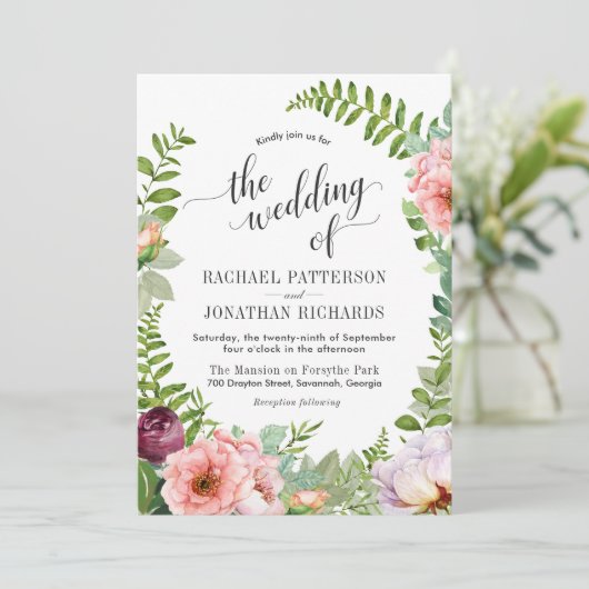 Fantasy Floral krans bruiloft uitnodiging (Staand voorkant)