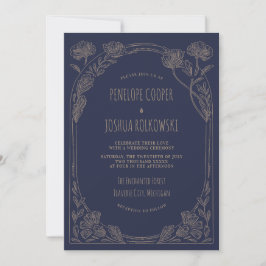 Fantasy Floral Navy Blue Gold Enchanted Wedding Kaart