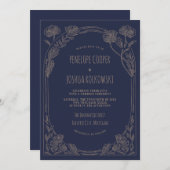 Fantasy Floral Navy Blue Gold Enchanted Wedding Kaart (Voorkant / Achterkant)