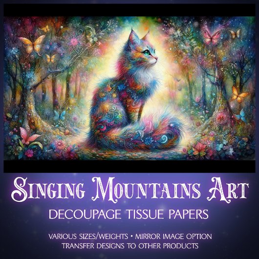 Fantasy Floral Woodland Wonder Cat Decoupage  Tissuepapier