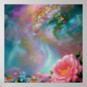 Fantasy Flowers gekleurd in roze en turquoise Poster (Voorkant)