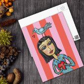 Fantasy Folk Art Lady Bluebird Hearts Love Briefkaart