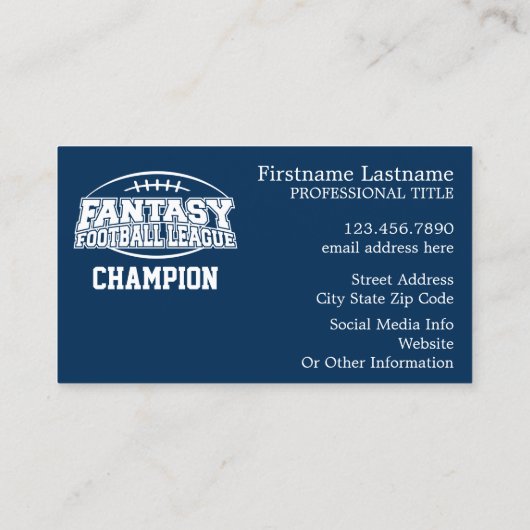 Fantasy Football Champion - Navy en White Visitekaartje (Achterkant)