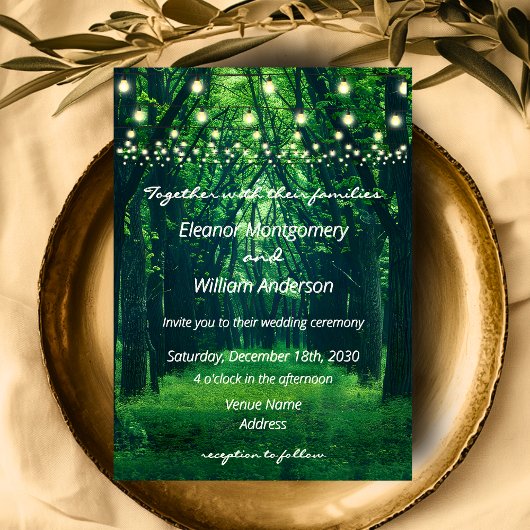 Fantasy Forest Gouden Slingerlichten Bruiloft Kaart