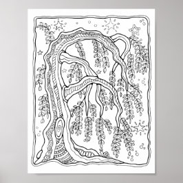 Fantasy Forest Night Willow Tree Kleurplaat Art Poster