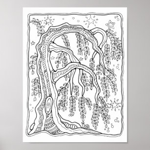Fantasy Forest Night Willow Tree Kleurplaat Art Poster
