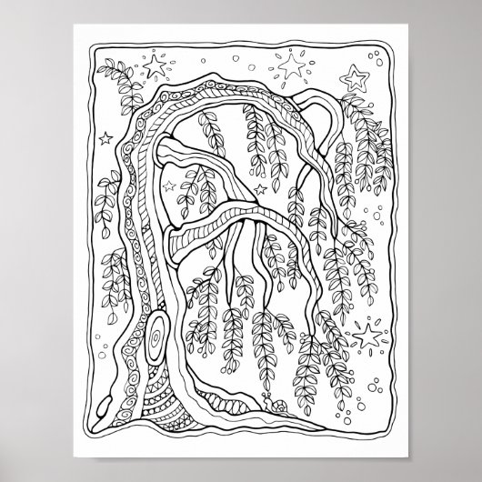 Fantasy Forest Night Willow Tree Kleurplaat Art Poster (Voorkant)