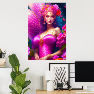 Fantasy Fuchsia Feeënbloemen & Vlinders Poster