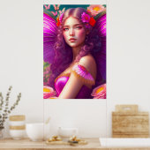 Fantasy Fuchsia Feeënbloemen & Vlinders Poster (Keuken)
