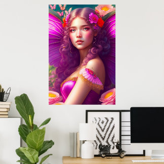 Fantasy Fuchsia Feeënbloemen & Vlinders Poster